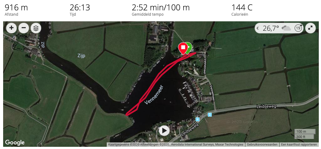 916m 
26:13 
2:52 min/100 m 
Afstand 
Gemiddeld tempo 
000 
Zijp 
Google 
E2C20 Afbeeldingen E2020 t 
144 C 
Calorieën 
26 70 
L"idseweg 
300 ft 