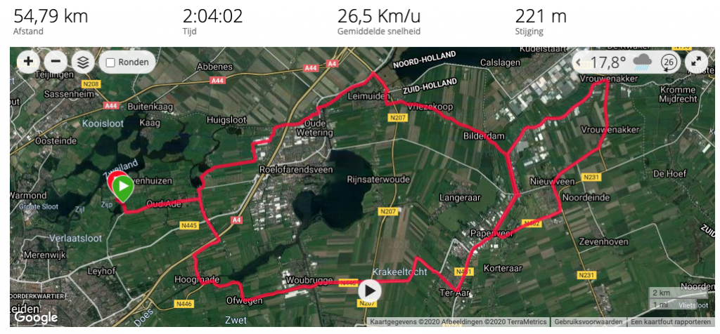 26,5 Km/u 
Gemiddelde snelheid 
54,79 km 
Afstand 
Ronden 
Tijd 
Leimuide2 • . 
Vrieiekpop 
Stijging 
Calslagen.' 
Bildùdam 
17,80 @ 
KiOmme 
Mijdiecht 
VrouwénakkerG 
Sassehheims. 
Buiieriuk— 
Koois100t Kaag 
•,'armoqd 
?'oot 
laats10Òi 
Mérenwij• 
Leyhof 
ennuizenv -- 
0u ë4de 
Hoognhar'e 
Roelpfarendsvëen 
Ofwegen 
oude 
iakèelt 
Nieuwveen 
. \Noordeinde 
Làhgeraar 
Zeuenftoyen 
Korteraar 
GebnÀksvooMaarden Een kaartloulrapporwe 
&2020 C20201 